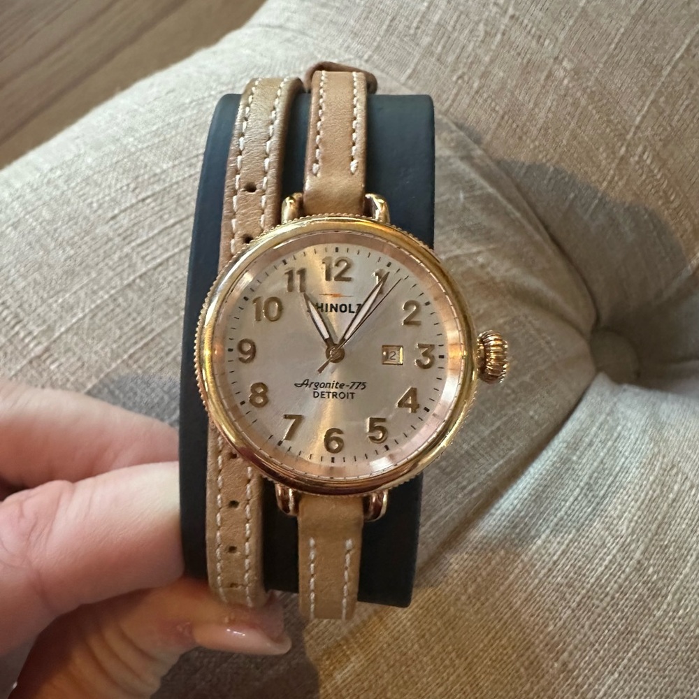 Shinola Birdy Gold and Tan leather watch